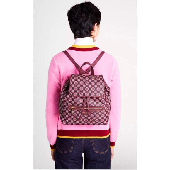 New Kate Spade Flower Monogram Coated Canvas Medium Backpack Garnet Rose Multi - Picture 5 of 5